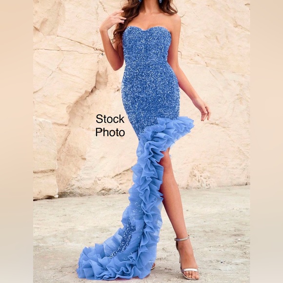 Faeriesty NWT Blue Strapless Velour Sequin Ruffle Prom Formal Dress Sz. XS - Picture 3 of 7